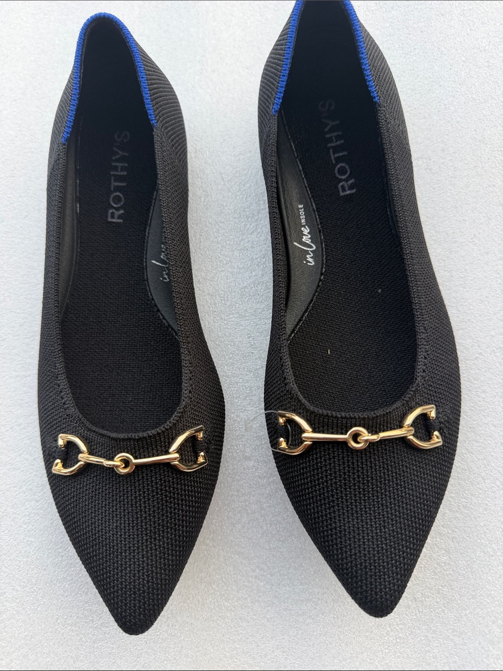 Rothy's Black Pointed Knit Flat with Gold Bit